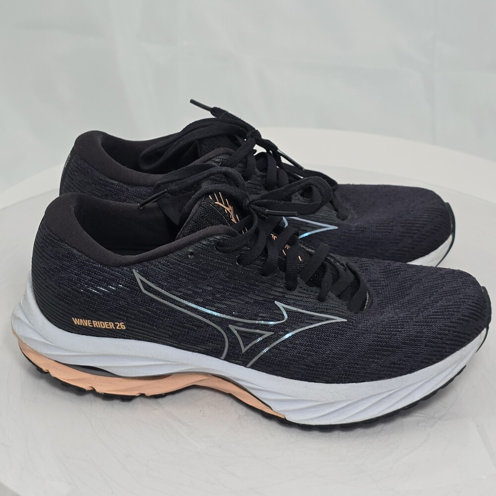 Mizuno Wave Rider 26 Women 6.5 Black/Coral Knit Running Shoes/Sneakers